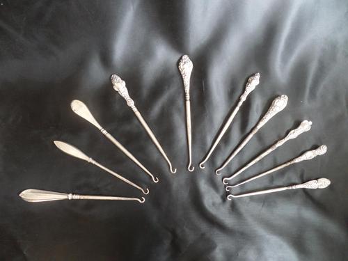 Ten Silver Handled Button Hooks. All Are Birmingham Assayed with the Anchor Mark. Dated from 1848/1899/1904/1910 Others with Rubbed Marks (1 of 6) Ten Silver Handled Button Hooks. All Are Birmingham Assayed with the Anchor Mark. Dated from 1848/1899/1904/1910 Others with Rubbed Marks (1 of 6)