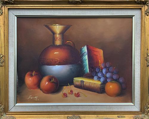 Still Life of Fruit & Library Books Oil on Canvas Painting in 19th Century Manner (1 of 9)