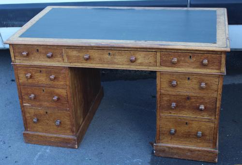 1920's Solid Light Oak Pedestal Desk with Green Leather Top. (1 of 5)