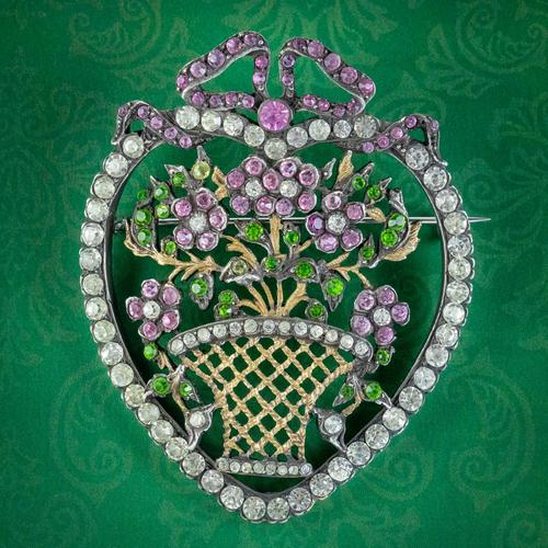 Antique Edwardian Suffragette Paste Heart & Flower Basket Brooch c.1910 (1 of 7)