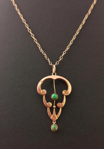 Antique Art Nouveau Turquoise Lavalier Pendant, 9ct Rose Gold, Necklace (1 of 10)