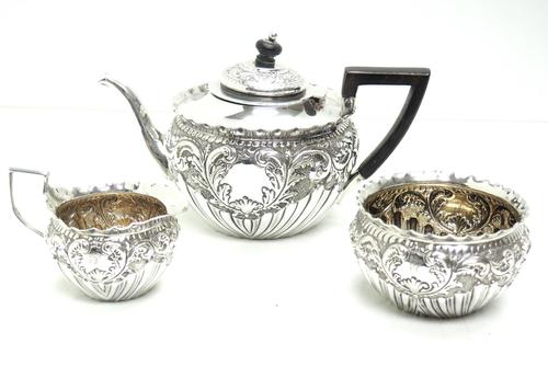 English Victorian Antique Solid Silver Tea Set, Embossed Decoration c.1890 (1 of 11) English Victorian Antique Solid Silver Tea Set, Embossed Decoration c.1890 (1 of 11)
