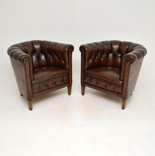 Pair of Antique Swedish Leather Chesterfield Armchairs (1 of 12)