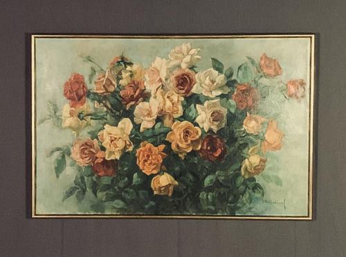 Signed Early 20th Century Large French Oil on Canvas Bouquet of Roses (1 of 8)