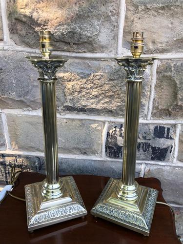 Pair of English Brass Corinthian Column Table Lamps (1 of 9)