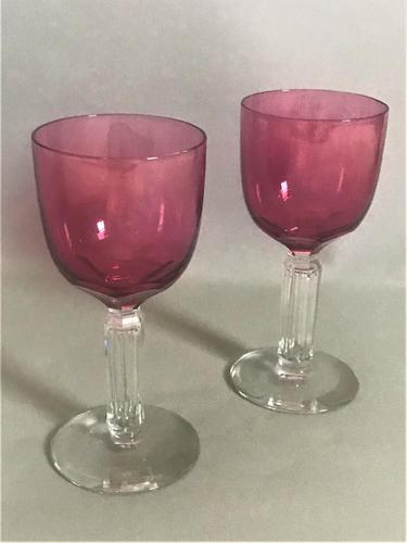 A Gorgeous Pair of Victorian Cranberry Bowl Wine Glasses (1 of 4)