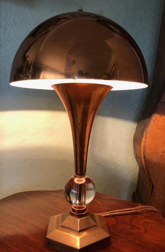 Rare 1930s French Art Deco Mushroom Copper & Crystal Table or Desk Lamp (1 of 1)