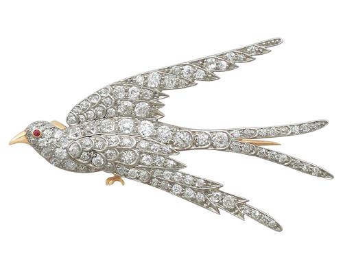 3.34ct Diamond, Ruby & 18ct Yellow Gold Swallow Brooch - Antique c.1910 (1 of 9)