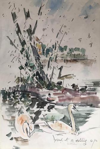 Original Watercolour 'Fowl at West Ashling' by Ken Walch 1928-2017. Signed and Inscribed. C.1980 (1 of 1) Original Watercolour 'Fowl at West Ashling' by Ken Walch 1928-2017. Signed and Inscribed. C.1980 (1 of 1)