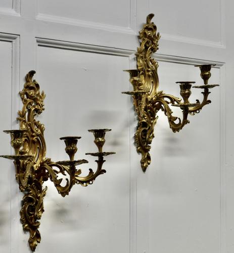 Pair of Large 19th Century Baroque French Brass Triple Wall Sconces (1 of 5) Pair of Large 19th Century Baroque French Brass Triple Wall Sconces (1 of 5)