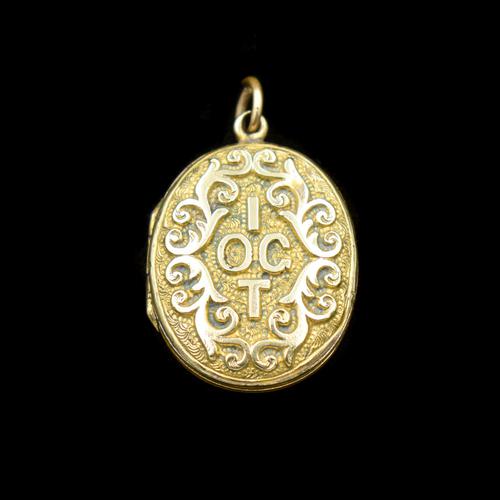 Antique 'IOGT' Rolled Gold Double Sided Engraved Oval Photo Locket Pendant (1 of 9)