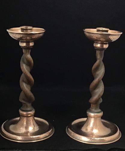 Pair of Arts and Crafts Oak Barley Twist and Planished Copper Candlesticks. (1 of 6) Pair of Arts and Crafts Oak Barley Twist and Planished Copper Candlesticks. (1 of 6)