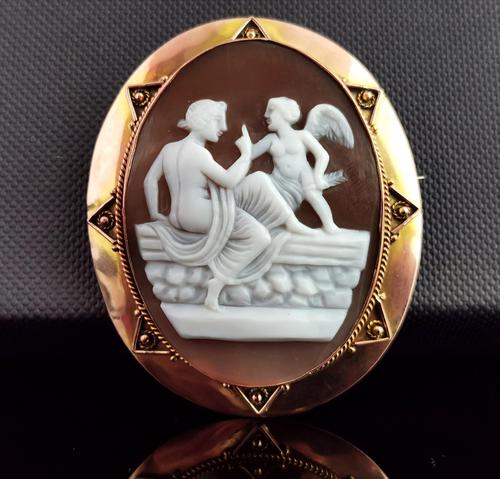 Antique Victorian Cameo Brooch, 9ct Gold, Cupid (1 of 10)