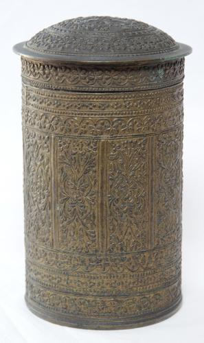 Antique Indian Engraved Brass Cylindrical Box in Mughal Islamic Style (1 of 12)