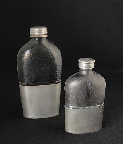 Two Mid Victorian Pewter, Leather Bound & Glass Hip Flasks (1 of 3) Two Mid Victorian Pewter, Leather Bound & Glass Hip Flasks (1 of 3)