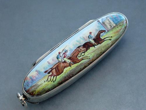 Victorian Silver & Enamel Combination Vesta Case/ Pen Knife / Pencil / Button Hook - Horse Racing  by Alfred Fuller, London 1887 (1 of 14)