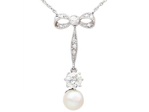 Pearl & 1.50ct Diamond, 14ct Yellow Gold Necklace - Antique c.1910 (1 of 9) Pearl & 1.50ct Diamond, 14ct Yellow Gold Necklace - Antique c.1910 (1 of 9)