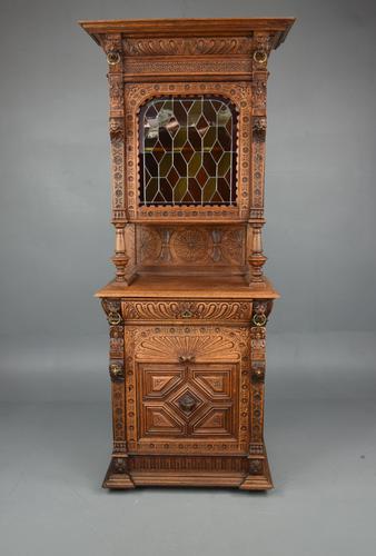 Carved Oak Leaded Glass Bookcase Cabinet (1 of 8) Carved Oak Leaded Glass Bookcase Cabinet (1 of 8)