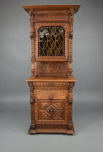 Carved Oak Leaded Glass Bookcase Cabinet (1 of 8)