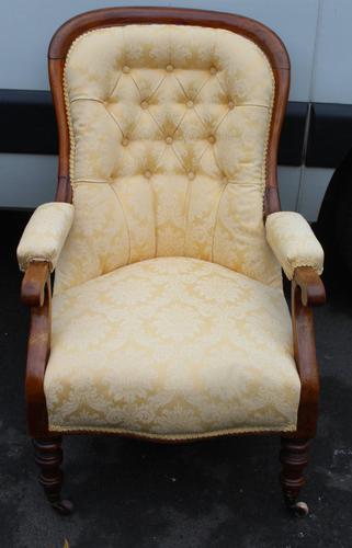 1880's Buttoned Back Mahogany Armchair with Gold Upholstery (1 of 3)