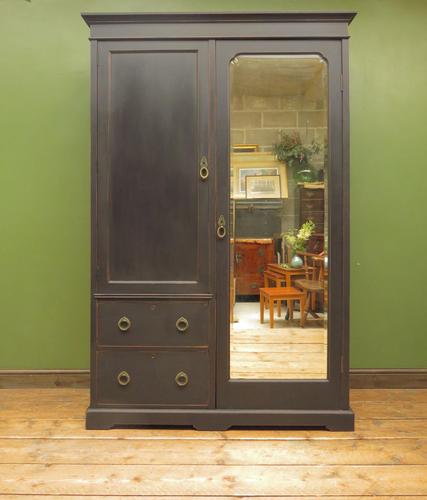 Antique Black Painted Double Wardrobe with Mirror in 4 Parts, Gothic Shabby Chic (1 of 17)