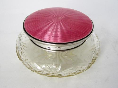 Silver & Pink Enamel Dressing Table Jar with a Mirror Under the Lid (1 of 5)