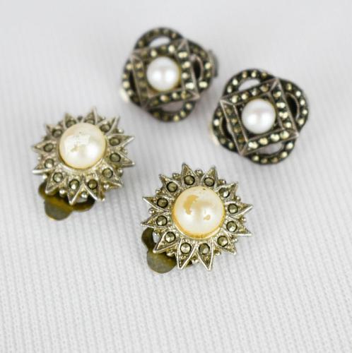 Marcasite Faux Pearl Clip on Earrings (1 of 3) Marcasite Faux Pearl Clip on Earrings (1 of 3)