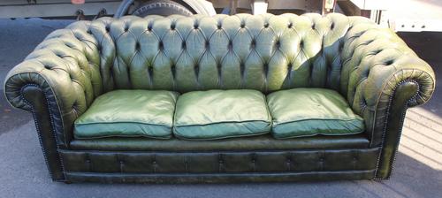 1960s Chesterfield Green Leather Buttoned Back 3 Seater Sofa. (1 of 3)