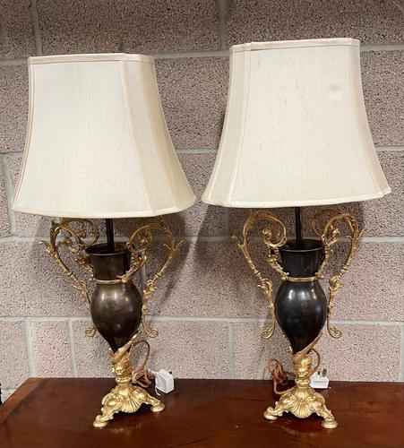 Pair of Patinated Gilt Metal Lamps by Bradley & Hubbard (1 of 6)