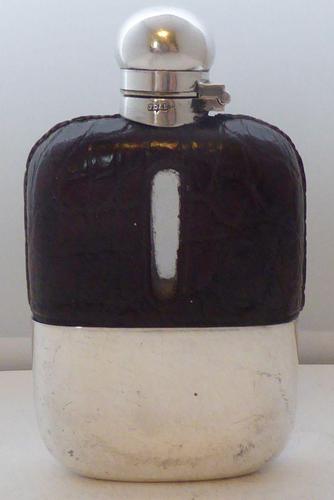 Small 1930 Silver Plate Plated Crocodile Skin Bound Glass Hip Flask James Dixon (1 of 8)