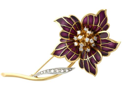 0.47ct Diamond & Plique a Jour Enamel, 18ct Yellow Gold Brooch - Vintage 1954 (1 of 9)