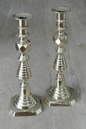 Pair of Large Victorian Beehive & Diamond Brass Candlesticks c.1890 - Pushers 11.75" (1 of 7)