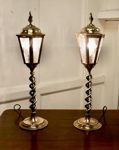 Pair of Arts & Crafts Barley Twist Brass Hall Table Lanterns (1 of 6)