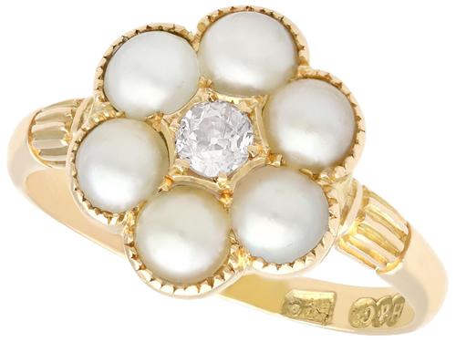 Natural Pearl & 0.20ct Diamond, 18ct Yellow Gold Cluster Ring - Antique c.1880 (1 of 9) Natural Pearl & 0.20ct Diamond, 18ct Yellow Gold Cluster Ring - Antique c.1880 (1 of 9)