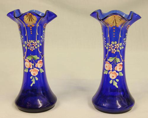 Antique Pair of Bristol Blue Glass Decorated Vases (1 of 4)