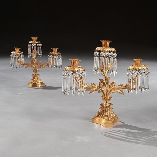 Pair of Early 19th Century Gilt Bronze and Lustres Three Branch Candelabra (1 of 8) Pair of Early 19th Century Gilt Bronze and Lustres Three Branch Candelabra (1 of 8)