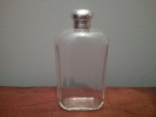 Flask style glass perfume bottle with silver top (1 of 3) Flask style glass perfume bottle with silver top (1 of 3)