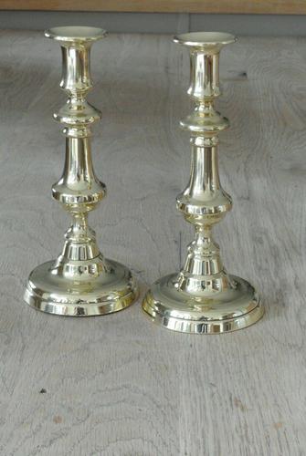 Pair of Victorian Brass Candlesticks Round Base Through Pushers 9.75" c.1860 (1 of 5)