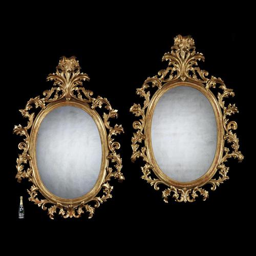 Grand Scale Pair of 19th Century Oval Florentine Carved Giltwood Mirrors (1 of 9)