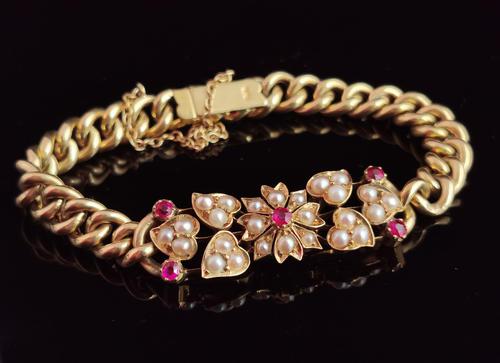 Antique 15ct Gold Ruby and Pearl Curb Bracelet, Floral (1 of 10)