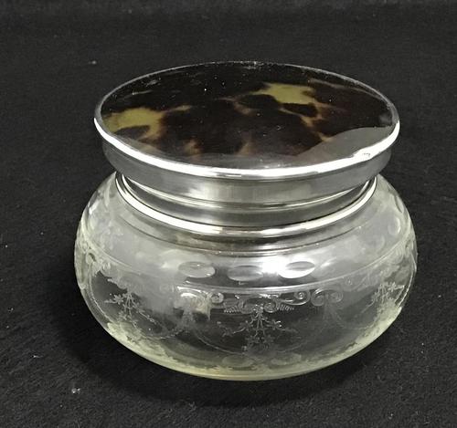 Etched Glass Silver and Faux Tortoiseshell Top Jar (1 of 1) Etched Glass Silver and Faux Tortoiseshell Top Jar (1 of 1)