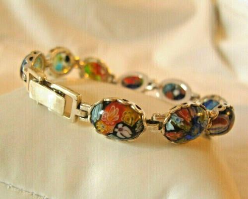 Vintage Silver & Milliflori Glass Bracelet 1970s Length 7 3/4" Heavy 23.7 Grams (1 of 12)