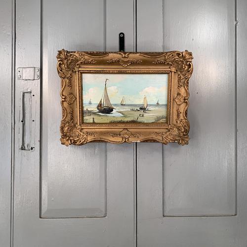 Antique coastal seascape oil painting of fishing boats signed YT (1 of 9) Antique coastal seascape oil painting of fishing boats signed YT (1 of 9)
