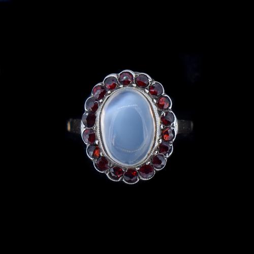 Antique Moonstone & Red Paste Oval Halo Cluster 9ct 9K Gold Dress Ring (1 of 8)