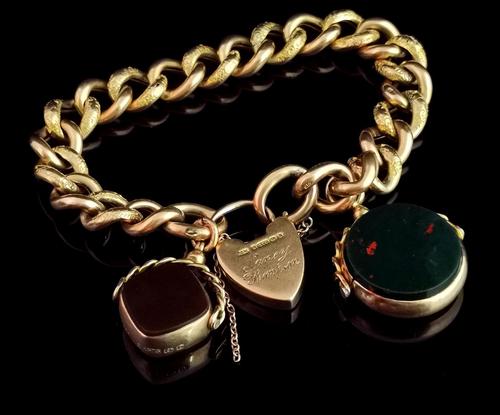 Antique 9ct Gold Curb Bracelet, Spinning Fobs (1 of 15)