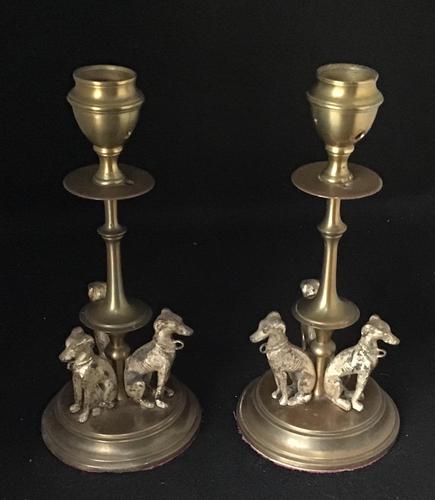 Pair of Georgian Brass Dog Decorated Candlesticks (1 of 4) Pair of Georgian Brass Dog Decorated Candlesticks (1 of 4)