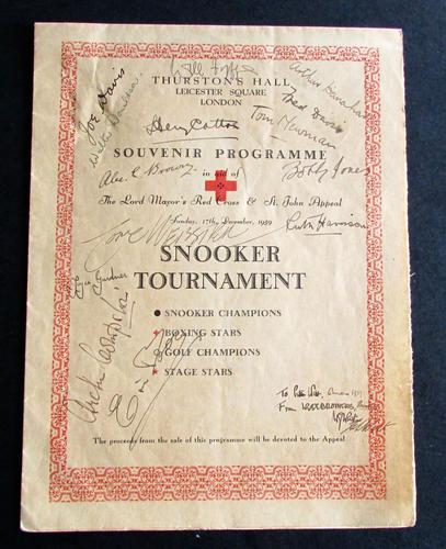 1939  Signed Snooker Tournament Souvenir Programme from Sunday 17th December 1939 & Signed by Numerous Sport Stars & Celebrities (1 of 4)