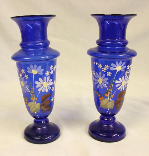 Antique Pair Bristol Blue Glass Shaped Decorated Vases (1 of 6)