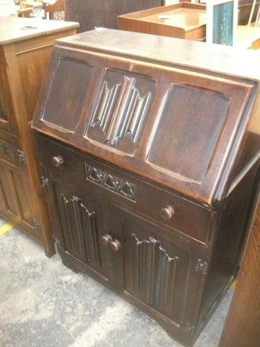 Carved Oak Linen-fold Bureau (1 of 3)