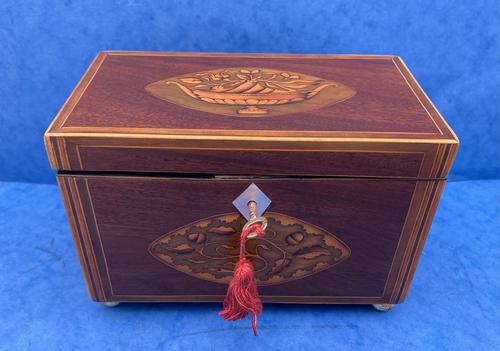 Georgian Mahogany Tea Caddy with Harewood Floral Panels (1 of 13)